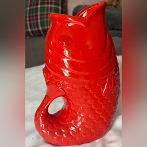 Vintage Red Koi Fish Gurgle Jug Pitcher Vase Ceramic  Fish Pitcher 9.5”